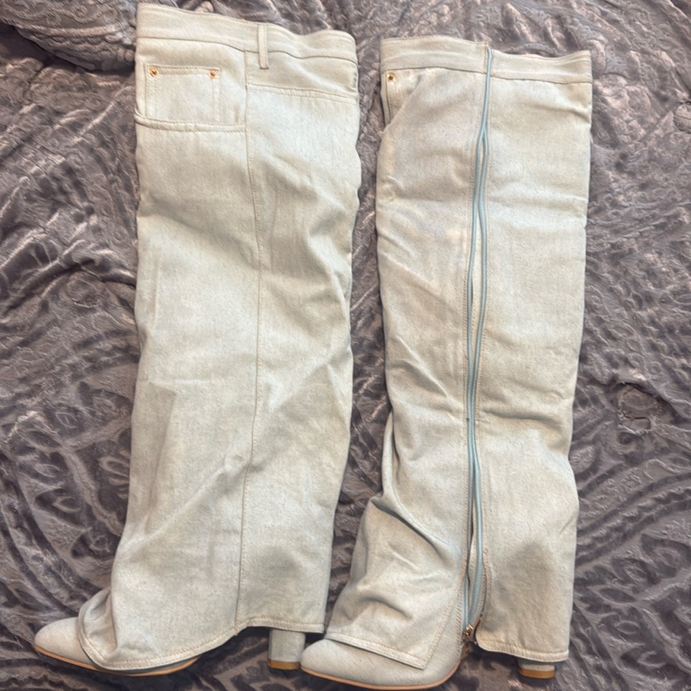 Never worn Denim knee high boots.